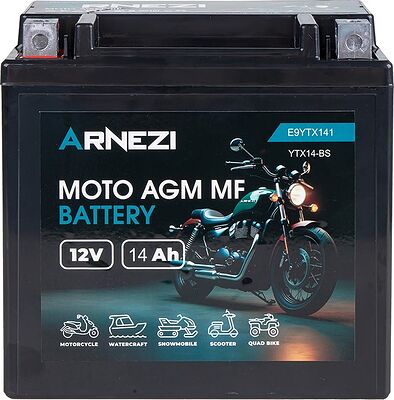 Arnezi Moto AGM E9YTX141 14 А/ч 170 А (EN), прямая полярность, 150×86×146 мм, YTX14-BS