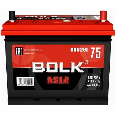 Bolk ASIA BA 75-3-R 75 А/ч 710 А (EN), обратная полярность, 260×175×225 мм, D26