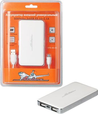 AIRLINE Аккумулятор внешний универсальный 6000мАч: 2хUSB 5V 1A+2.1A (APB-06-02)