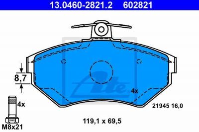 ATE 13.0460-2821.2 13.0460-2821.2 Колодки торм.пер. VW Golf, Vento, Polo, Lupo