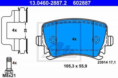 ATE 13.0460-2887.2 Колодки торм.зад. Audi A3, A4, A6, VW Golf