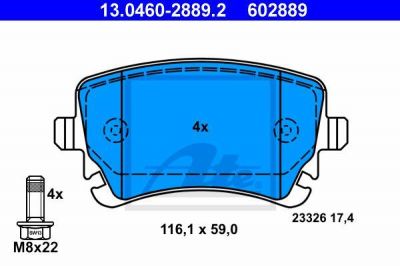 ATE 13.0460-2889.2 Колодки зад.AUDI A4(S4),A6(S6), A8 2002=> WVA23326 с датчиком износа