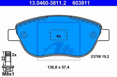 ATE 13.0460-3811.2 Колодки торм.пер. Citroen C3, Berlingo, Fiat Doblo 99>