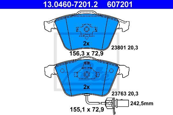 ATE 13.0460-7201.2 Колодки передние AUDI A4/A6 1.6…4.2L+1.9TDI…3.0TDI 00->