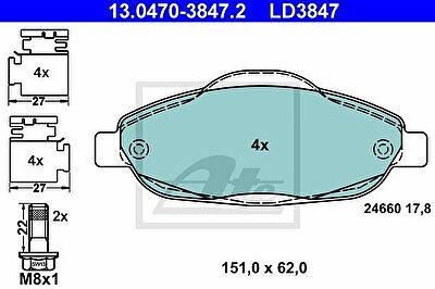 ATE 13.0470-3847.2 комплект тормозных колодок, дисковый тормоз на PEUGEOT 308 (4A_, 4C_)