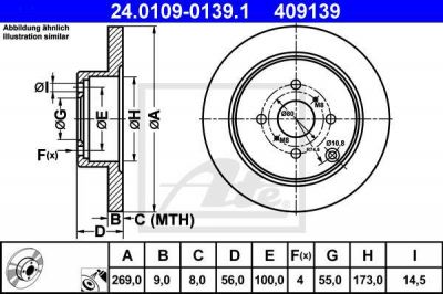 ATE 24.0109-0139.1 тормозной диск на TOYOTA YARIS (SCP1_, NLP1_, NCP1_)