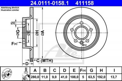 ATE 24.0111-0158.1 Диски торм.зад.FORD FOCUS II,C-MAX 1.6TDci,1.8TDCi,2.0TDCi,2.0L 2004=> (280x11)