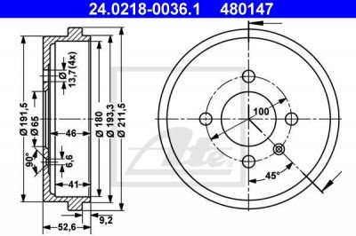 ATE 24.0218-0036.1 тормозной барабан на VW LUPO (6X1, 6E1)