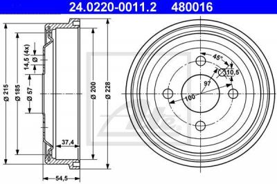 ATE 24.0220-0011.2 Барабан тормозной Opel Astra F, Kadett D, E