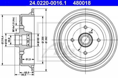 ATE 24.0220-0016.1 тормозной барабан на AUDI 80 (89, 89Q, 8A, B3)