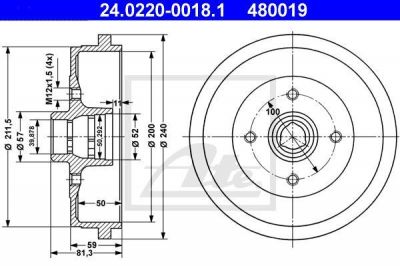 ATE 24.0220-0018.1 Барабан тормозной Audi 80, VW Passat, Golf III, Seat