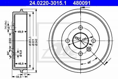 ATE 24.0220-3015.1 тормозной барабан на VOLVO 460 L (464)