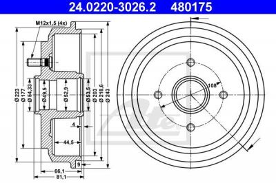 ATE 24.0220-3026.2 Барабан тормозной FORD Fiesta V/Fusion 02-> (1151001)