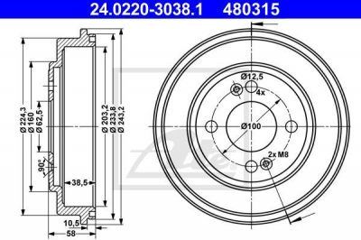 ATE 24.0220-3038.1 тормозной барабан на HYUNDAI GETZ (TB)