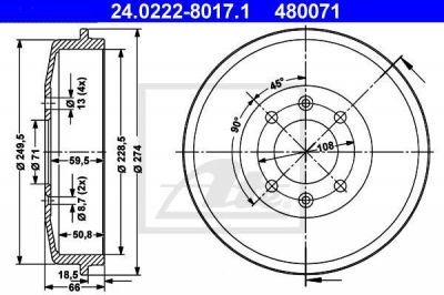 ATE 24.0222-8017.1 Барабан тормозной Citroen Berlingo, Xsara, Peugeot Partner