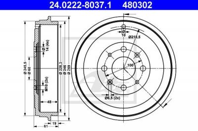 ATE 24.0222-8037.1 тормозной барабан на FIAT PUNTO EVO (199)