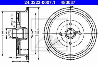 ATE 24.0223-0007.1 тормозной барабан на AUDI 100 (44, 44Q, C3)