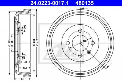 ATE 24.0223-0017.1 тормозной барабан на VW GOLF III (1H1)