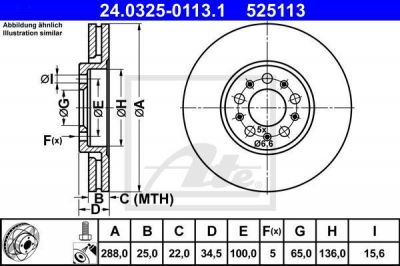 ATE 24.0325-0113.1 Диски торм.VW GOLF IV,BORA,NEW BEETLE/SKODA OCTAVIA (288x25) вентилируемые POWER DISC