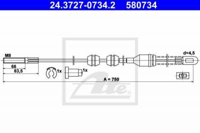 ATE 24.3727-0734.2 трос, стояночная тормозная система на OPEL ASCONA C Наклонная задняя часть (84_, 89_)