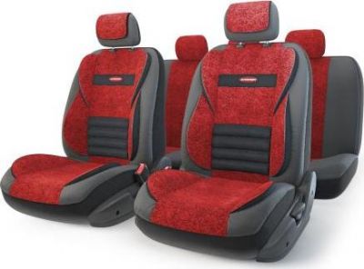 Авточехлы MULTI COMFORT, мультиконтурные, 5 ортопед. поддержек, экокожа+текстурированный велюр, 11 предм., карман, 6 молний, чёрн./красный, разм. М, 1/3