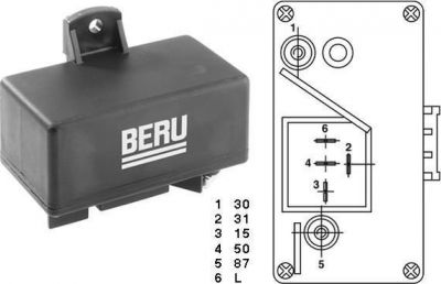 BERU Реле свечей накаливания RENAULT 20 80-83; 25 84-92; 30 82-86; FUEGO 82-85; PEUGEOT 205 I 83-87; 205 II 87-98; 305 I 77-82; 305 II 82-88; 309 I 86-89; (GR065)