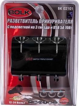 BOLK BK02101 Разветвитель прикуривателя с подсветкой на 3 гнезда и USB 5А 70Вт 12B/24В