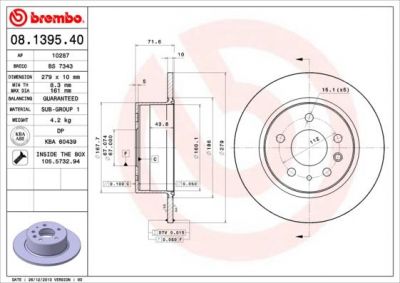 BREMBO Диск торм.зад.не вент. W114 . W115 . MB W123. SL. S-Class 1154200072 (561344, 08.1395.40)