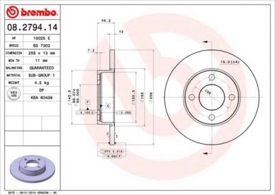 BREMBO Диск тормозной AUDI 80 86>91/100 76>88 передний не вент. (561238J, 08.2794.14)