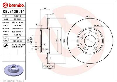 Brembo 08.3136.14 тормозной диск на FIAT DUCATO c бортовой платформой/ходовая часть (290)