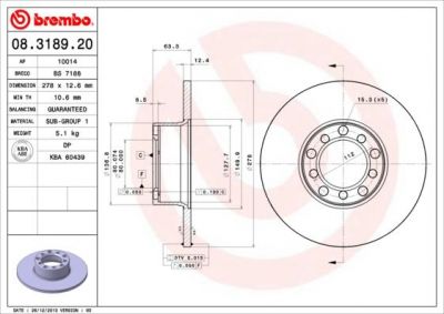 BREMBO Диск тормозной MERCEDES W123 200-300 76-85/W126 280 79-85 передний D=278мм. (561102, 08.3189.20)