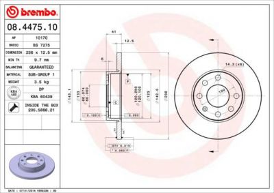 BREMBO Диск тормозной OPEL ASTRA 91-02/CORSA 82-00/KADETT 79-92/VECTRA 88-95 передний (561158J, 08.4475.10)