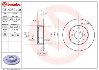 Brembo 08.4932.10 тормозной диск на NISSAN SUNNY II купе (B12)