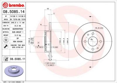 BREMBO Диск торм.зад.не вент. Punto/Marea 0060576335 (561380J, 08.5085.14)