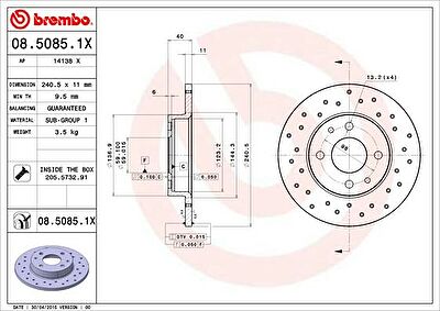 BREMBO Диск тормозной задн, ALFA ROMEO: 145, 146 94-01 FIAT: 500 07-, BRAVA, BRAVO 95-03, MAREA 96-07, PUNTO 93-99, 99- FORD: KA 08- (08.5085.1X)