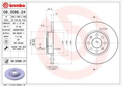 BREMBO Диск тормозной не вент. передний FIAT PUNTO / GRANDE PUNTO (199) (10/05-) F (51806099, 08.5086.24)