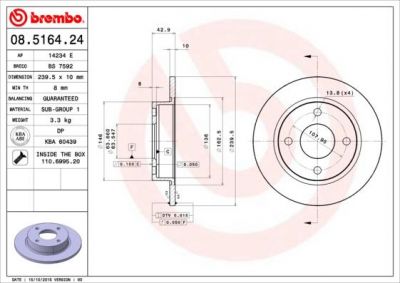 Brembo 08.5164.24 тормозной диск на FORD FIESTA фургон (FVD)