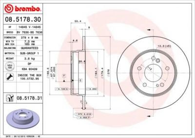 BREMBO Диск тормозной MERCEDES W202/W203/W124/W210/R170/R171 задний D=278мм. крашенные (вместо 08.5178.30) (2104230412, 08.5178.31)
