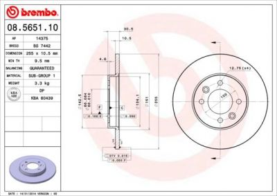 BREMBO Диск тормозной не вент. задний RENAULT ESPACE I (J11_) (07/84-12/92) R (7700764192, 08.5651.10)