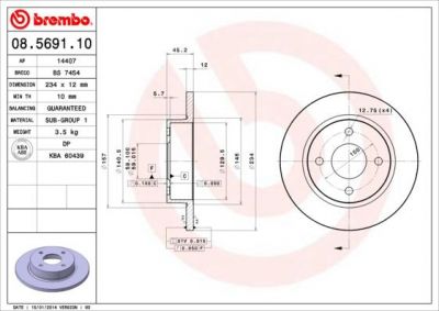 BREMBO Диск тормозной NISSAN MICRA 1.0/1.3 92-00 передний (561663J, 08.5691.10)