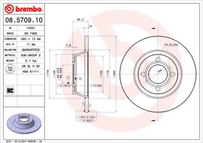 BREMBO Диск тормозной AUDI 80 1.6-2.0 МКПП 08.92-96 передний (561688J, 08.5709.10)