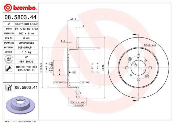 Brembo 08.5803.41 тормозной диск на HONDA CIVIC VII седан (ES)