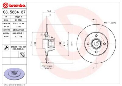 BREMBO Диск тормозной не вент. задний RENAULT Clio II (12.99-5.05) R (7700828882, 08.5834.37)