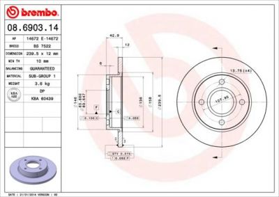 BREMBO Диск тормозной FORD FIESTA 95-02/KA 96-08/MAZDA 121 96- передний не вент. (562038J, 08.6903.14)