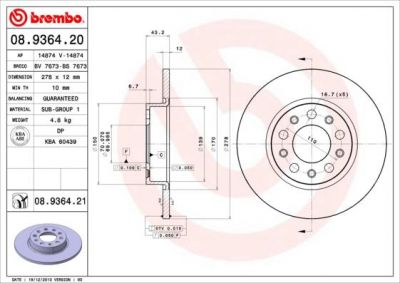 Brembo 08.9364.20 Диск тормозной ALFA ROMEO 159/BRERA/GIULIETTA задний D=278мм.