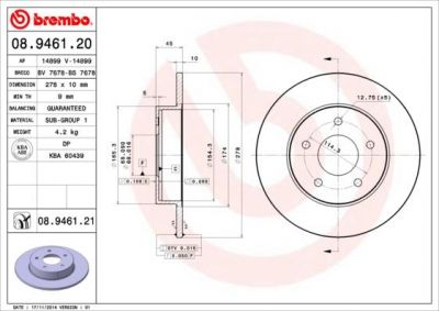 BREMBO Диск тормозной NISSAN PRIMERA (P12) 1.6-2.2D 02- задний (432064U101, 08.9461.20)