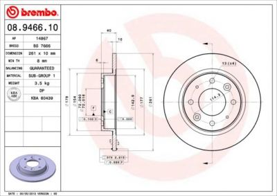 BREMBO Диск тормозной не вент. задний KIA CLARUS Estate (GC) (05/98-) R (0K9AA26251, 08.9466.10)