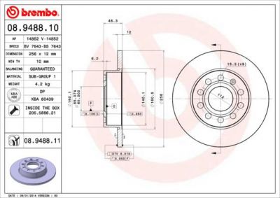 BREMBO Диск тормозной AUDI A3/SKODA OCTAVIA/VW GOLFV/JETTA 03- задний (08.9488.10, 08.9488.10)