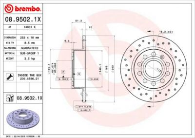 BREMBO Диск тормозной ПЕРФОРИРОВАННЫЙ AUDI A3/SKODA OCTAVIA/YETI/VW CADDY/GOLF 03- зад. (08.9502.1X)