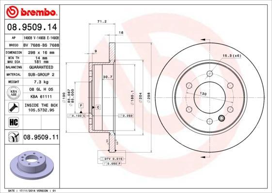 Brembo 08.9509.11 тормозной диск на MERCEDES-BENZ SPRINTER 3,5-t c бортовой платформой/ходовая часть (906)